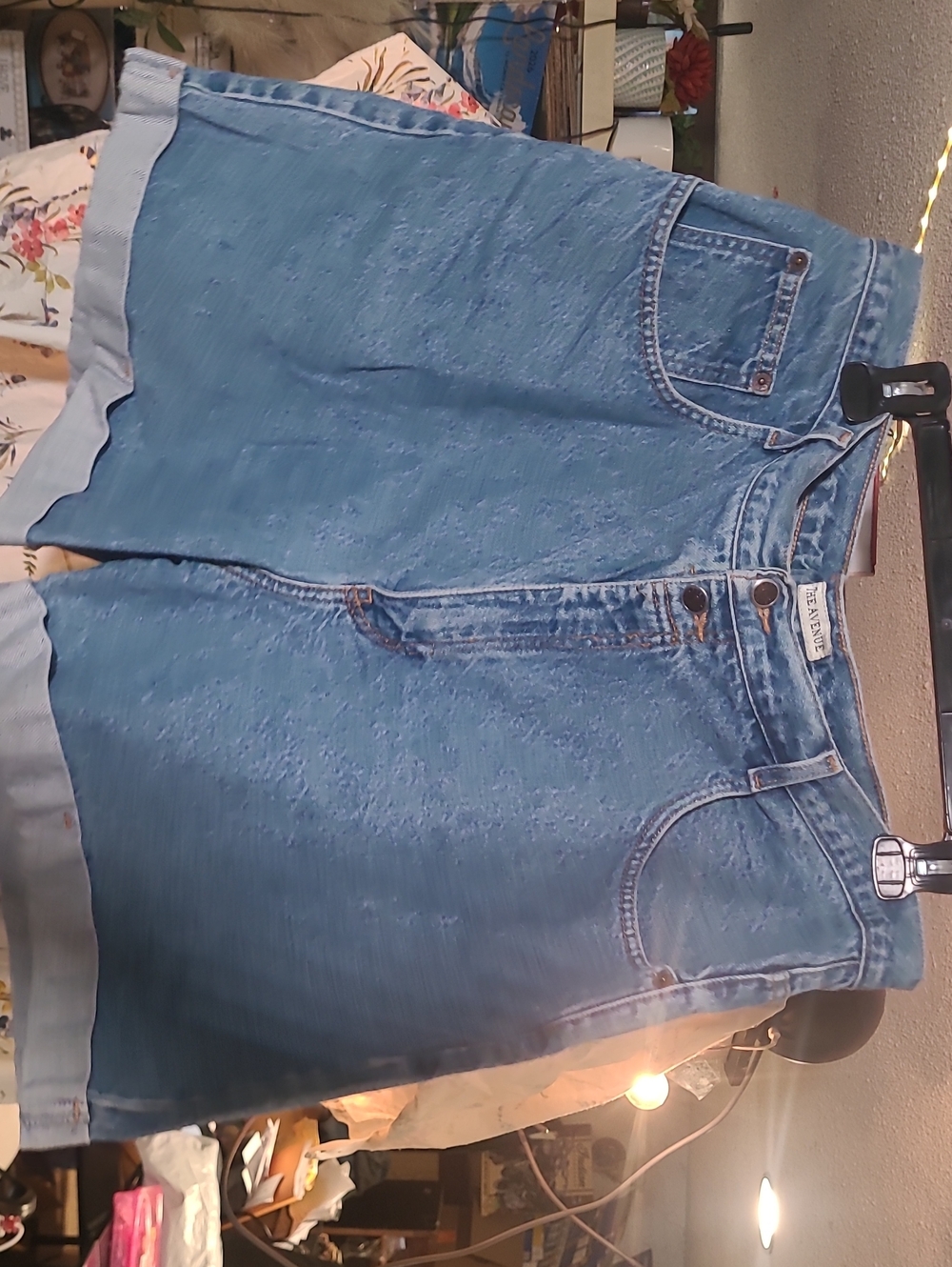 Avenue Denim Short in Light Blue with Contrast Stitching High Waisted Loose Fit